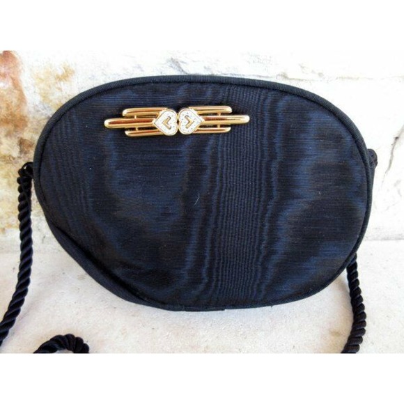 Monet Black Satin Evening Purse Crossbody Handbag Rope Strap Gold Pin - Picture 2 of 6